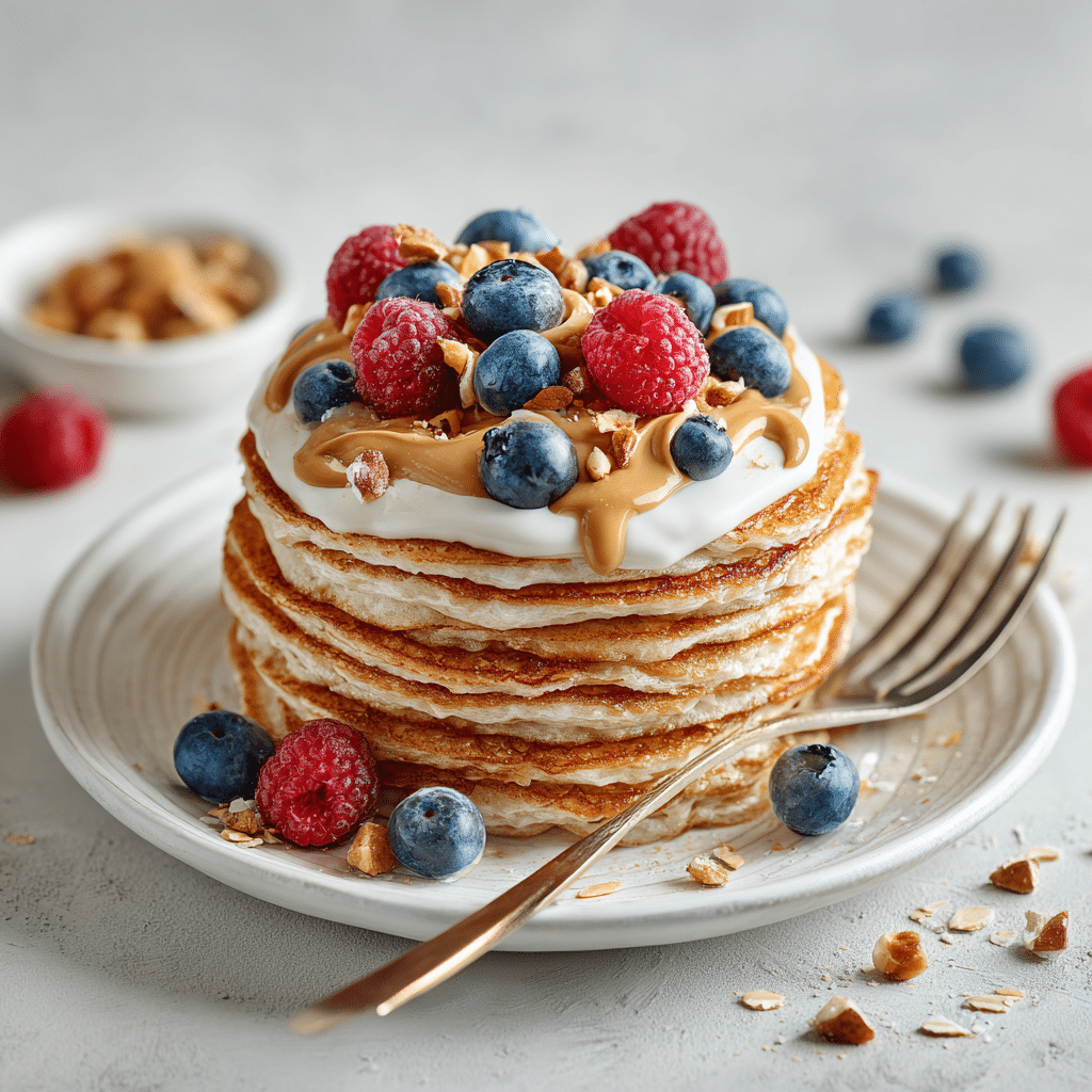 Stack of golden pancakes topped with yogurt, peanut butter, fresh blueberries, raspberries, and chopped nuts on a white plate with a fork.
