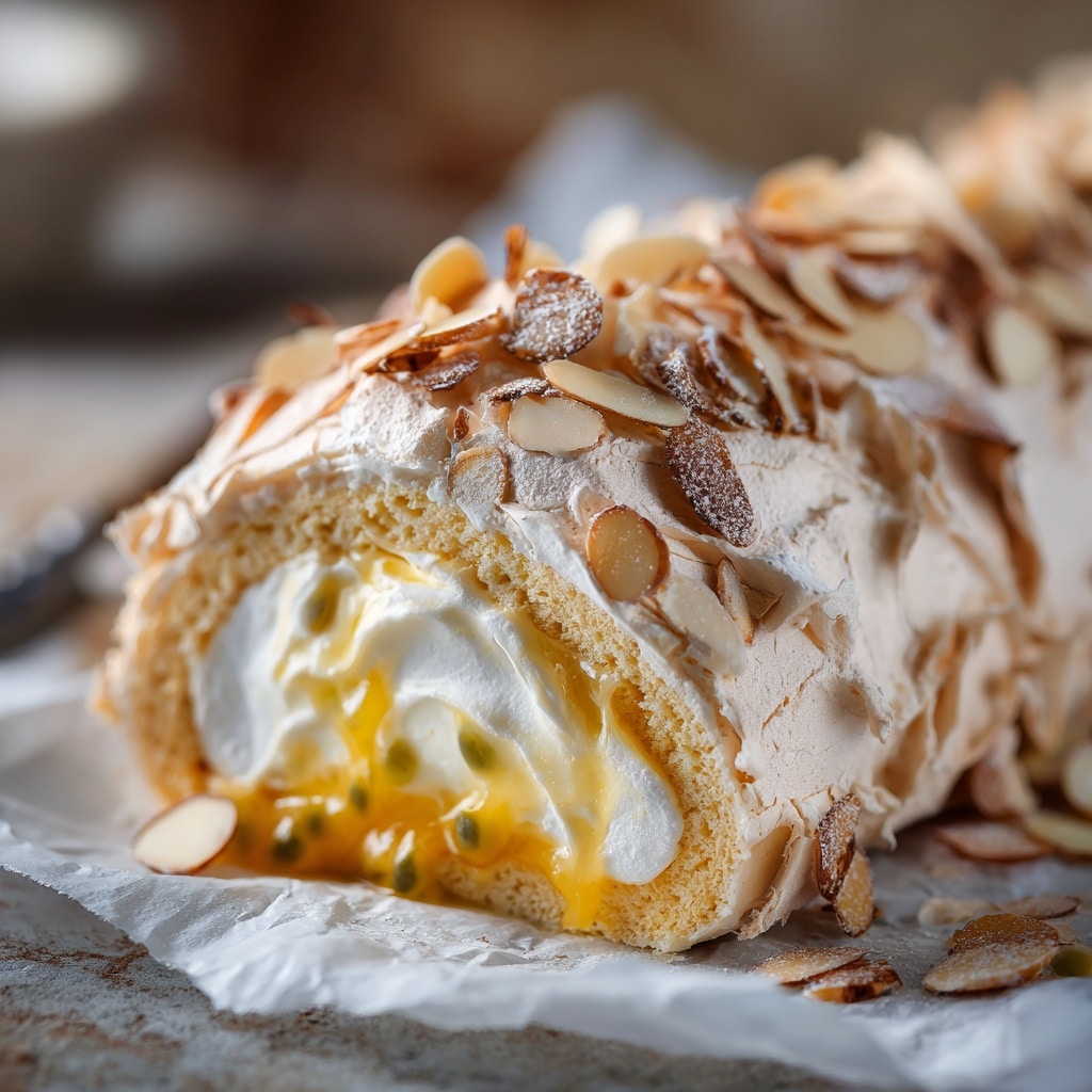 Special Passion fruit meringue roulade with creamy filling and sliced almonds on parchment paper.