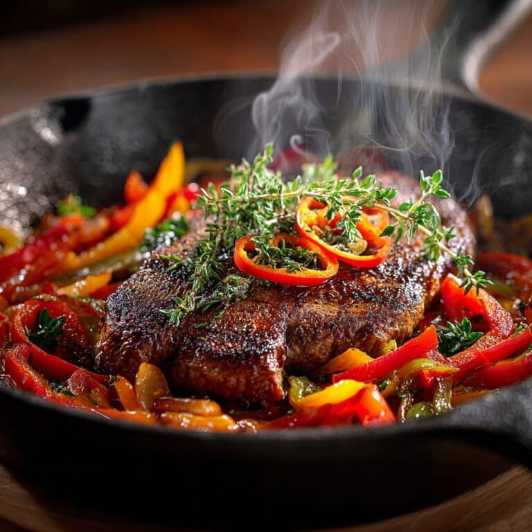 Hot, sizzling Peppered Steak Jamaican Style in a cast-iron skillet, topped with fresh thyme and scotch bonnet slices, surrounded by colorful sautéed bell peppers and onions.