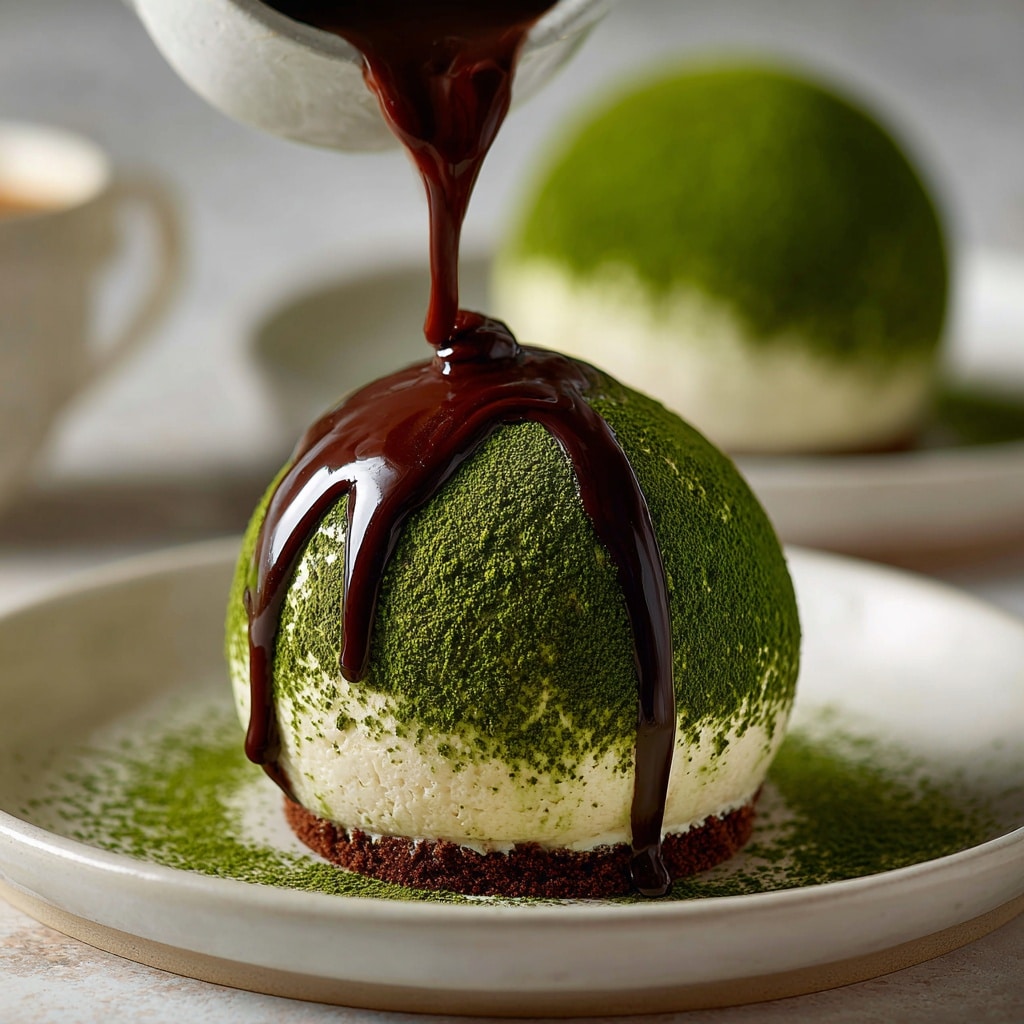 Chocolate sauce being poured over a matcha-dusted tiramisu mousse dome with a chocolate base on a white plate.