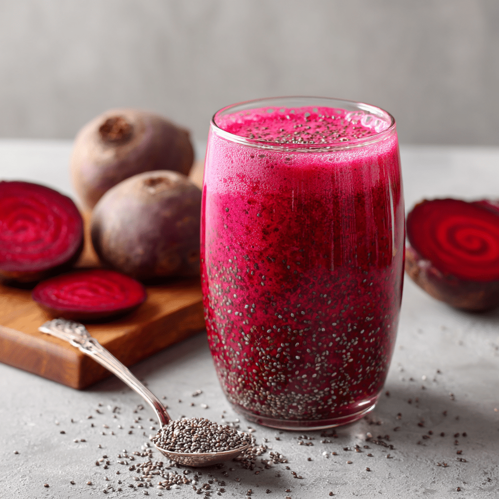 A glass of Beetroot Juice and Chia Seeds: The Ultimate Superfood Drink for Health and Energy