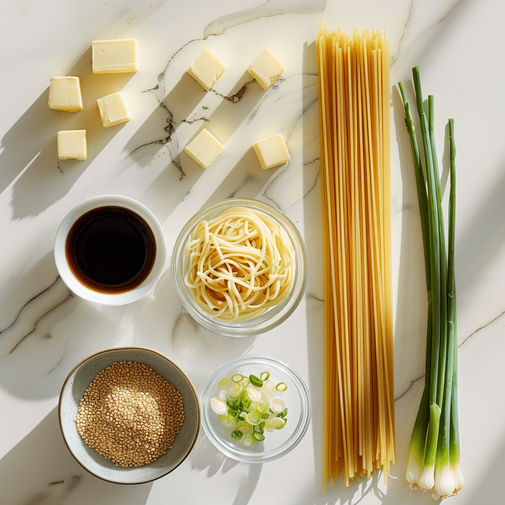 Simple and flavorful garlic noodle ingredients — butter, soy sauce, sesame seeds, and green onions ready for a quick and delicious meal. Top-down view of garlic noodle ingredients including butter cubes, soy sauce, sesame seeds, spaghetti, green onions, and cooked noodles arranged neatly on a marble countertop.