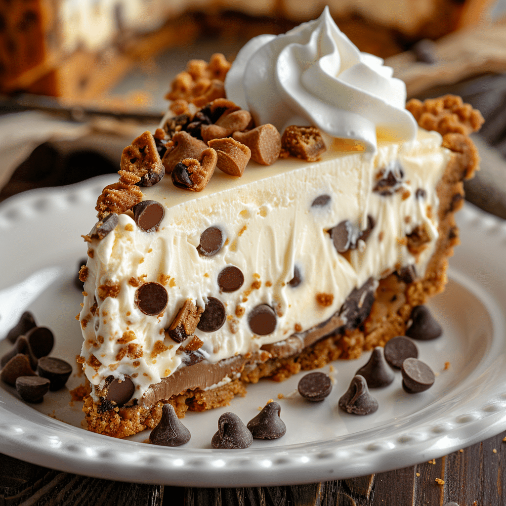 A slice of chocolate chip cookie cheesecake with a cookie crust, creamy filling packed with chocolate chips, a layer of chocolate, and whipped cream on top.