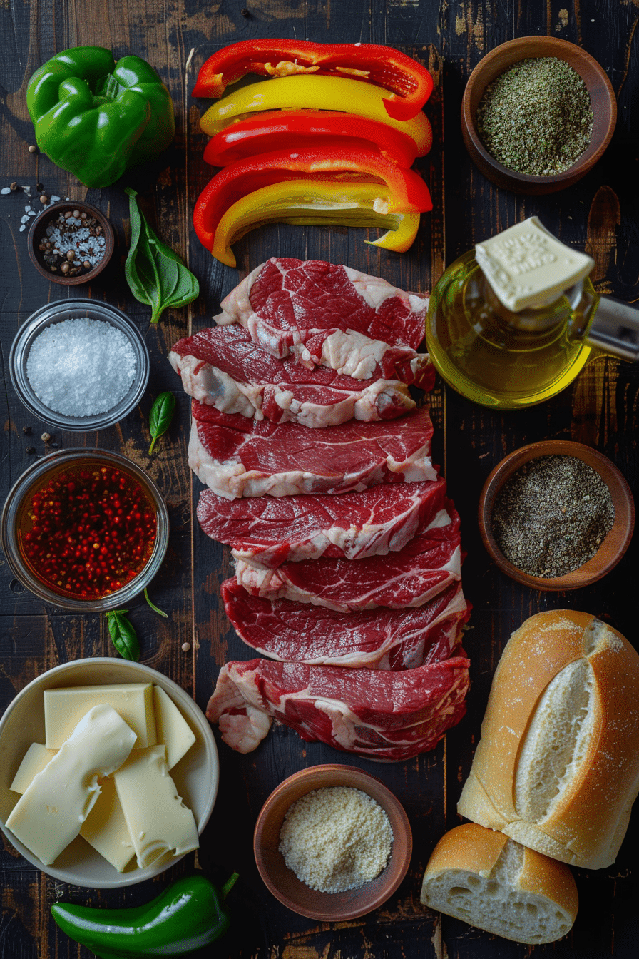 Raw ribeye slices, bell peppers, spices, cheese, oil, and hoagie rolls arranged in a flat lay for a Philly cheesesteak recipe.