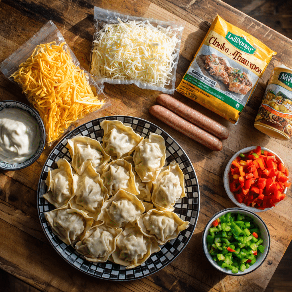 Overhead flat-lay of ingredients for cheesy sausage wonton cups, including shredded cheeses, sausage links, chopped red and green peppers, wonton wrappers, and a bowl of creamy dressing on a wooden surface.