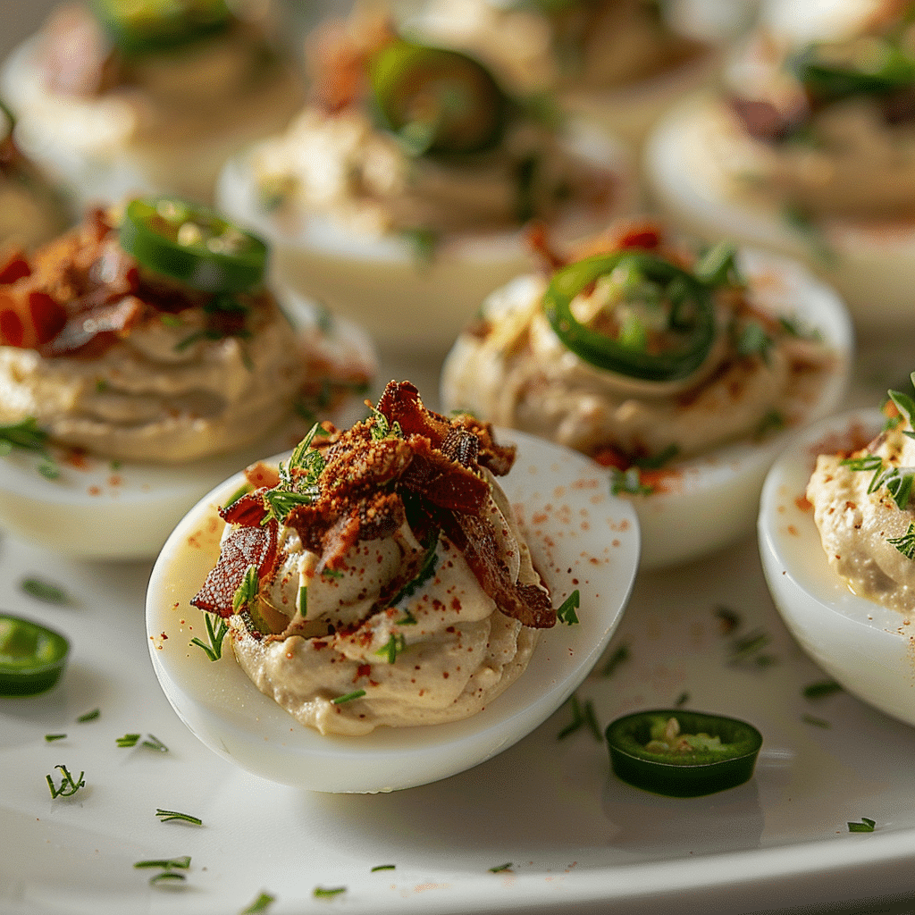 Close-up of Jalapeño Popper Deviled Eggs topped with bacon, sliced jalapeños, and paprika on a white platter. Jalapeño Popper Deviled Eggs