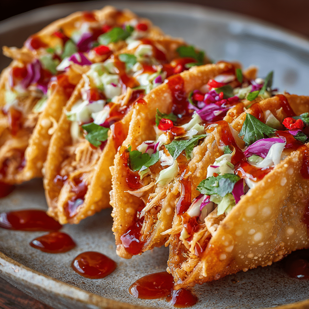 Crispy chicken wonton tacos filled with shredded chicken, fresh cabbage slaw, cilantro, and sweet chili sauce on a rustic plate.
