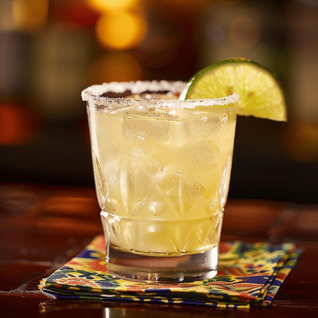 Skinny margarita cocktail in a crystal glass with lime garnish and salt rim, sitting on a colorful napkin under soft bar lighting.