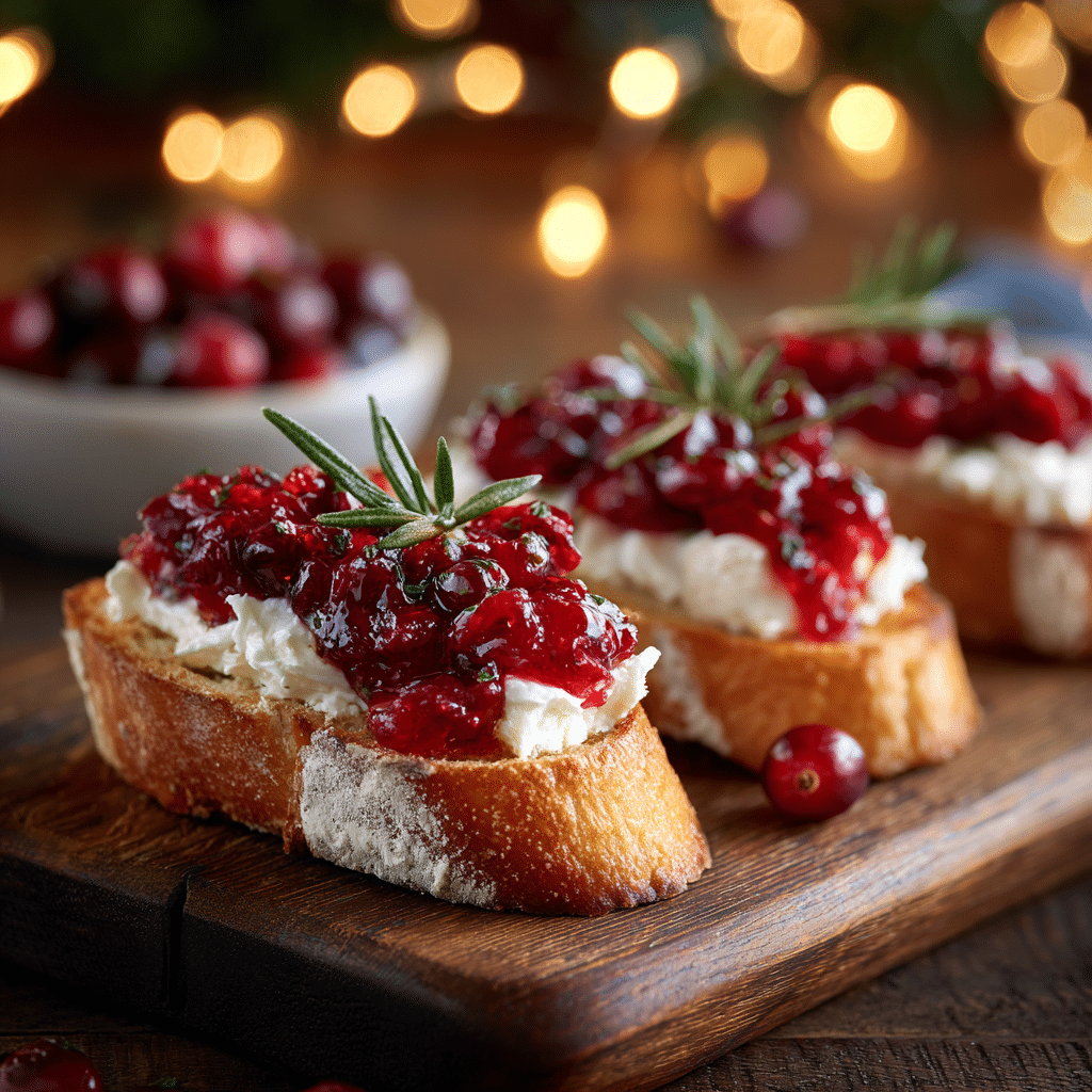 Holiday cranberry crostini topped with creamy cheese, bright cranberry sauce, and rosemary sprigs on toasted baguette slices, displayed on a rustic wooden board with festive holiday lights in the background.