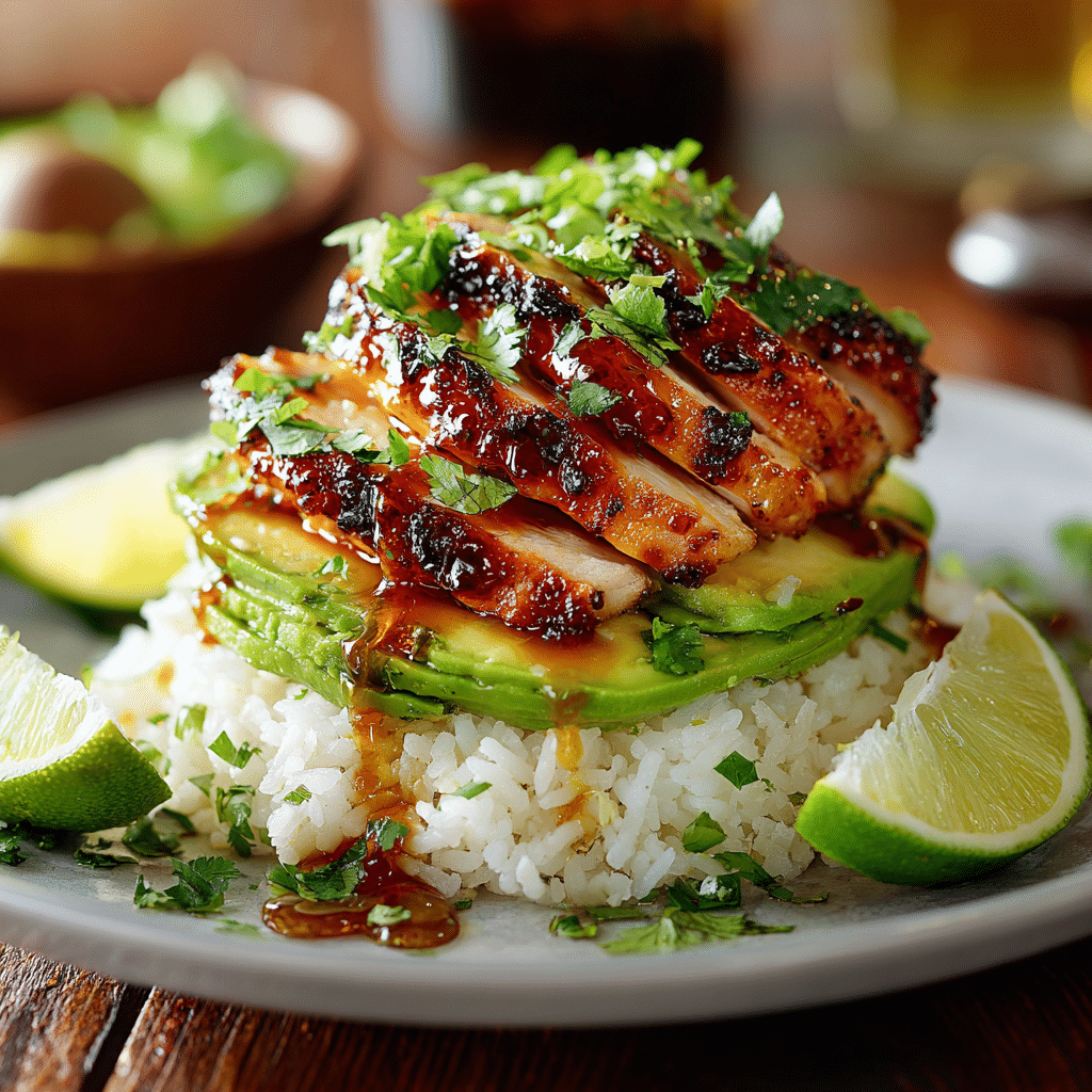 Honey Lime Chicken and Avocado Rice Stack topped with caramelized honey-lime glazed chicken, creamy avocado slices, fresh cilantro, and lime wedges on jasmine rice.