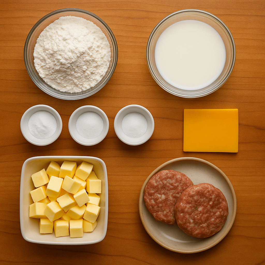 Top-down view of biscuit ingredients including flour, buttermilk, baking powder, baking soda, salt, cubed butter, cheddar cheese, and raw sausage patties arranged neatly on a wooden surface.