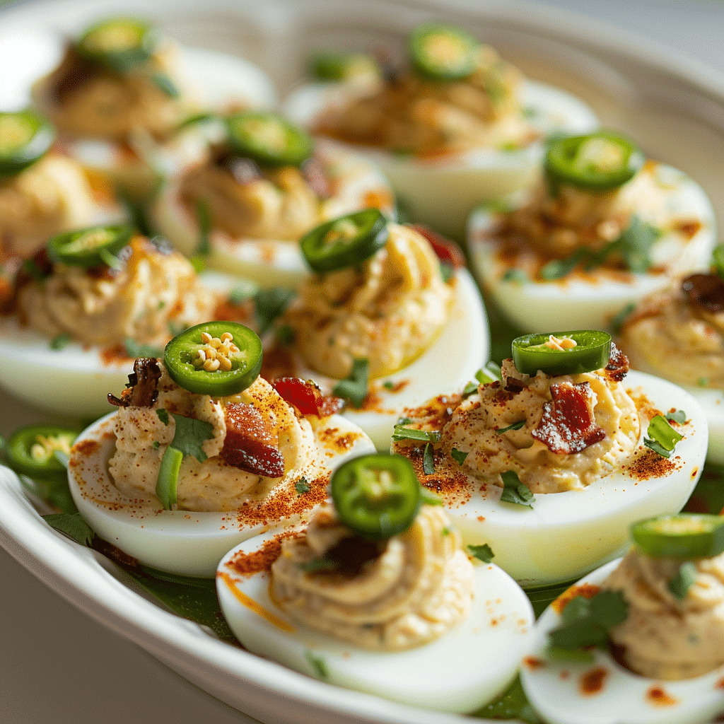 Jalapeño Popper Deviled Eggs with creamy filling, crispy bacon crumbles, and fresh herbs on a white serving tray.