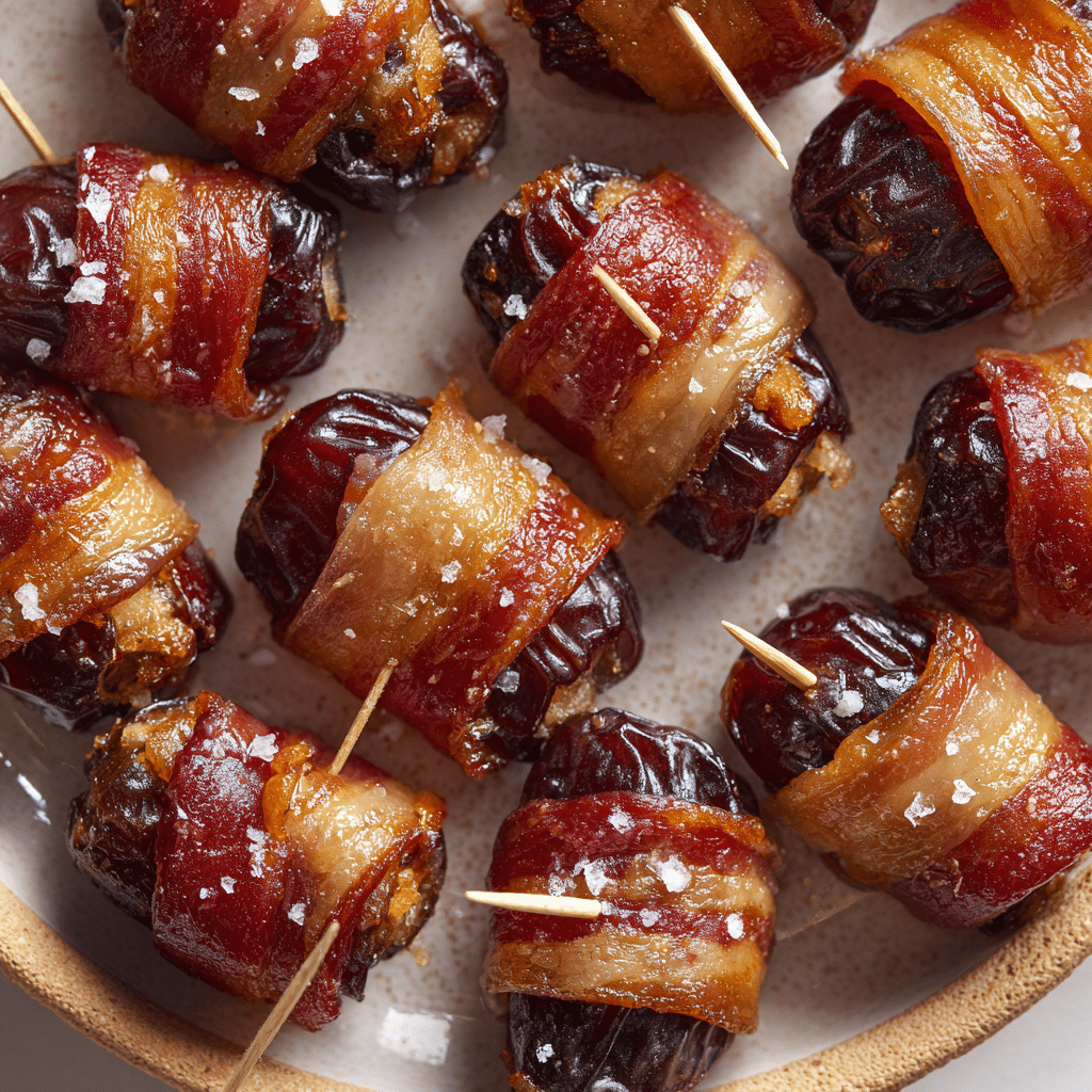 Overhead close-up of crispy beef wrapped dates with toothpicks and flaky sea salt on a ceramic plate.