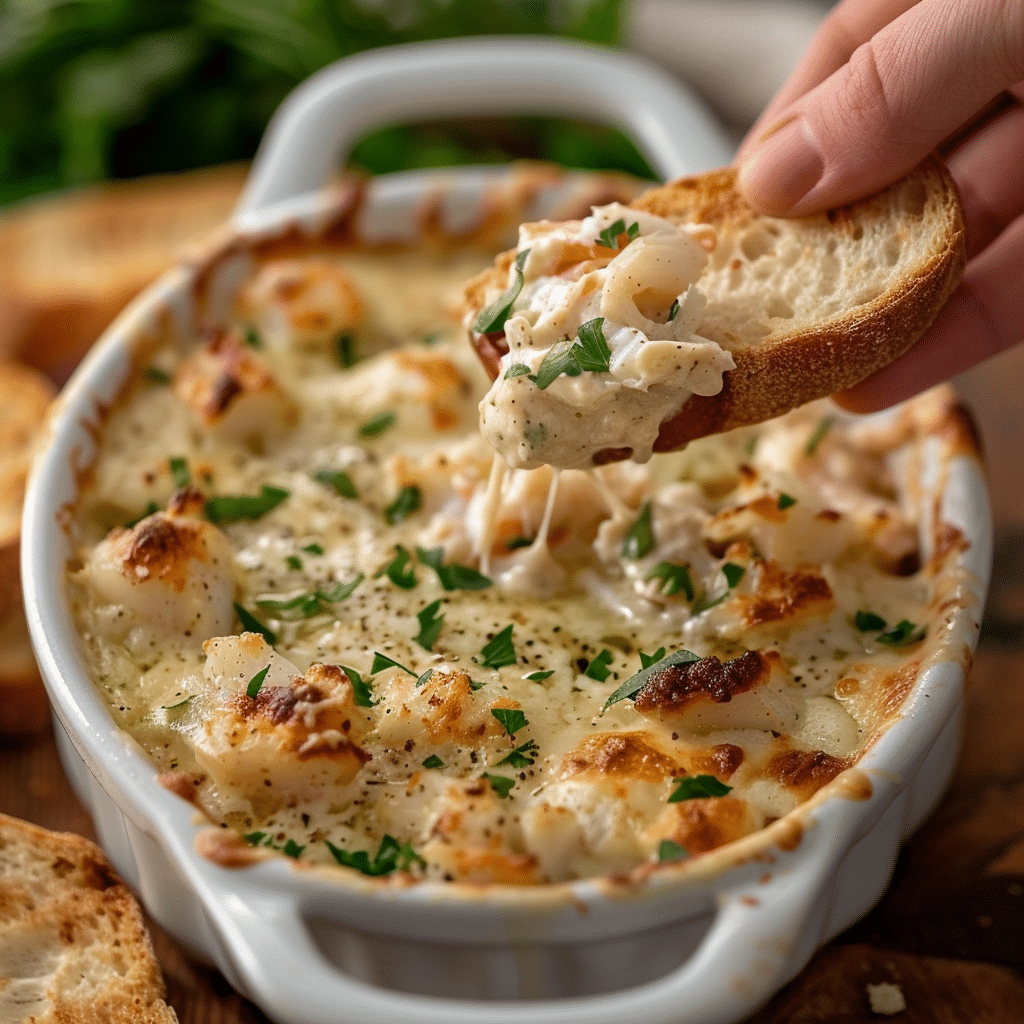 Creamy hot crab meat dip in a white baking dish with melted cheese and herbs, with a hand scooping the dip onto a toasted bread slice.