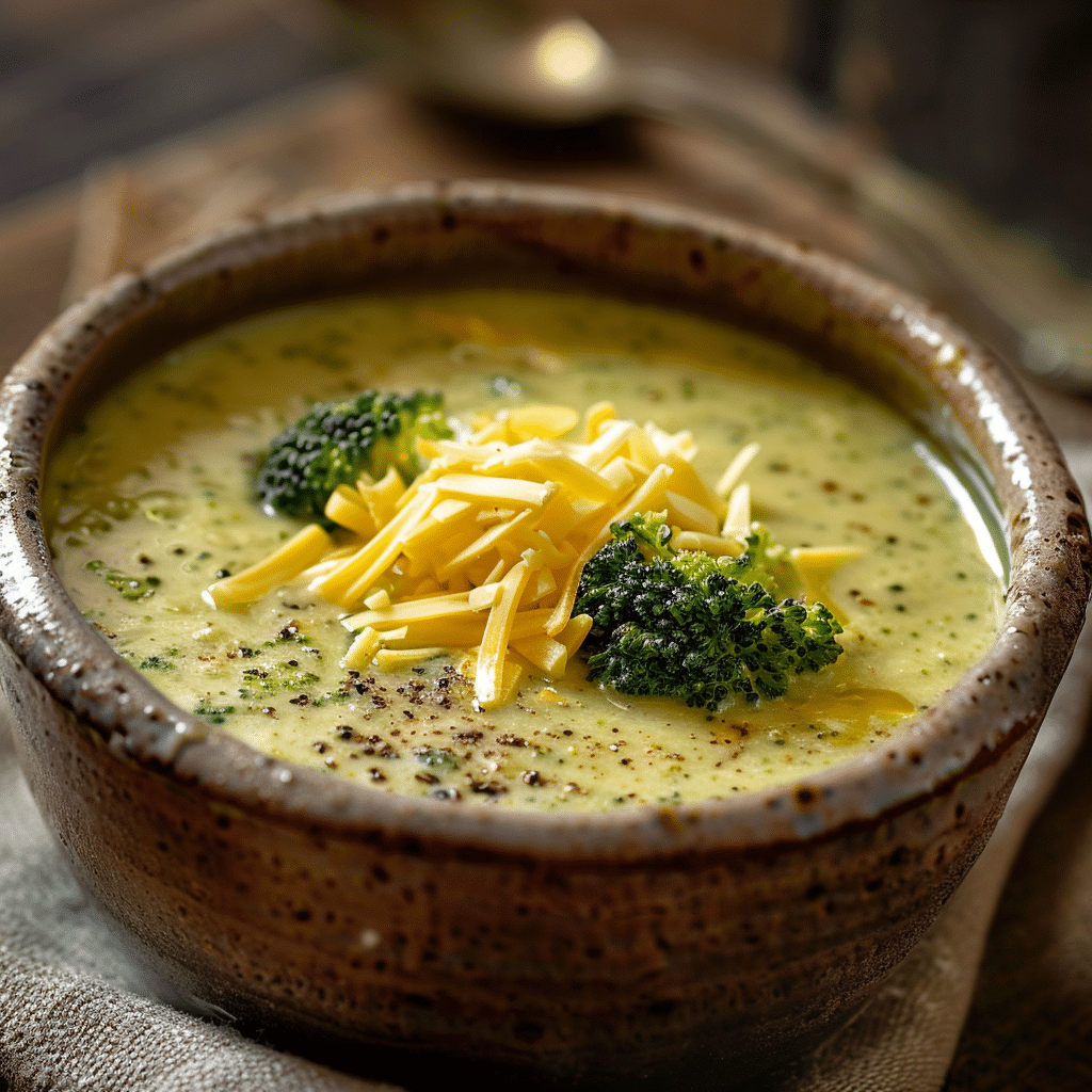 Creamy broccoli cheddar soup in a rustic ceramic bowl, topped with shredded cheddar and broccoli florets.