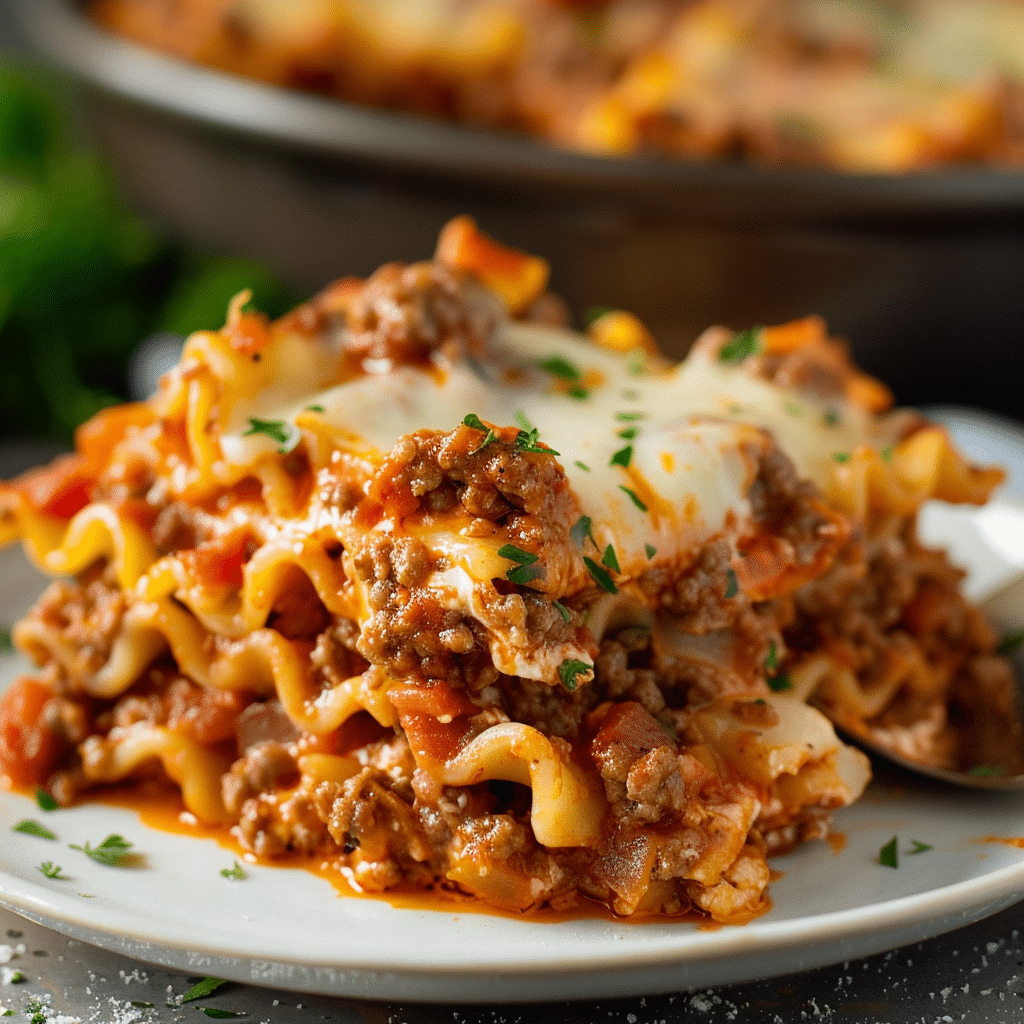 Close-up of one pot hamburger helper lasagna layered with wavy noodles, seasoned ground beef, tomato sauce, and melted cheese on a white plate.