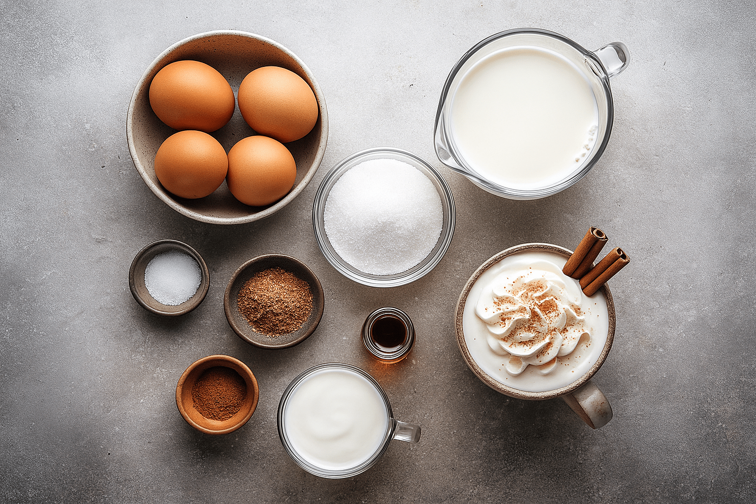 Ingredients for non-alcoholic homemade eggnog arranged on a countertop, including eggs, sugar, milk, cream, vanilla, nutmeg, salt, cinnamon, and a finished mug of eggnog.
