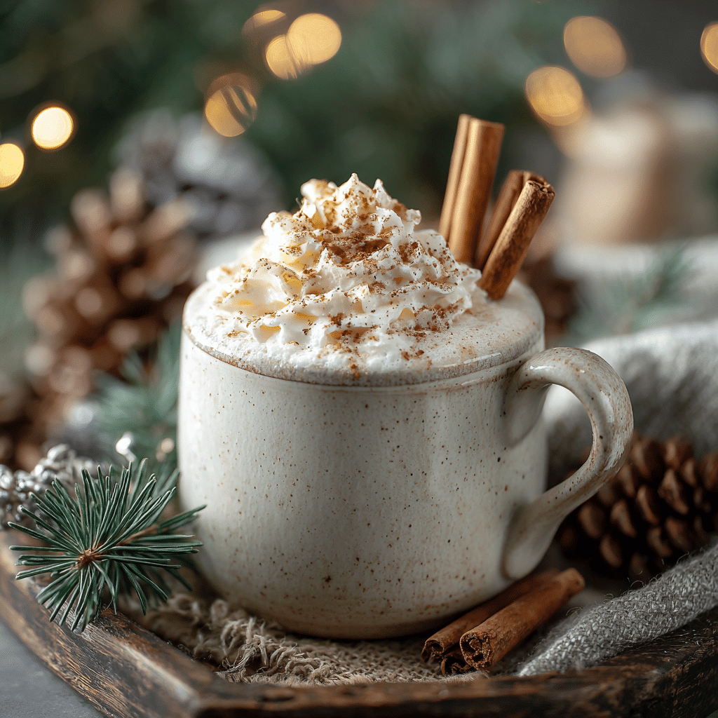 Creamy non-alcoholic eggnog topped with whipped cream and cinnamon sticks in a rustic mug, surrounded by pine branches and holiday lights.