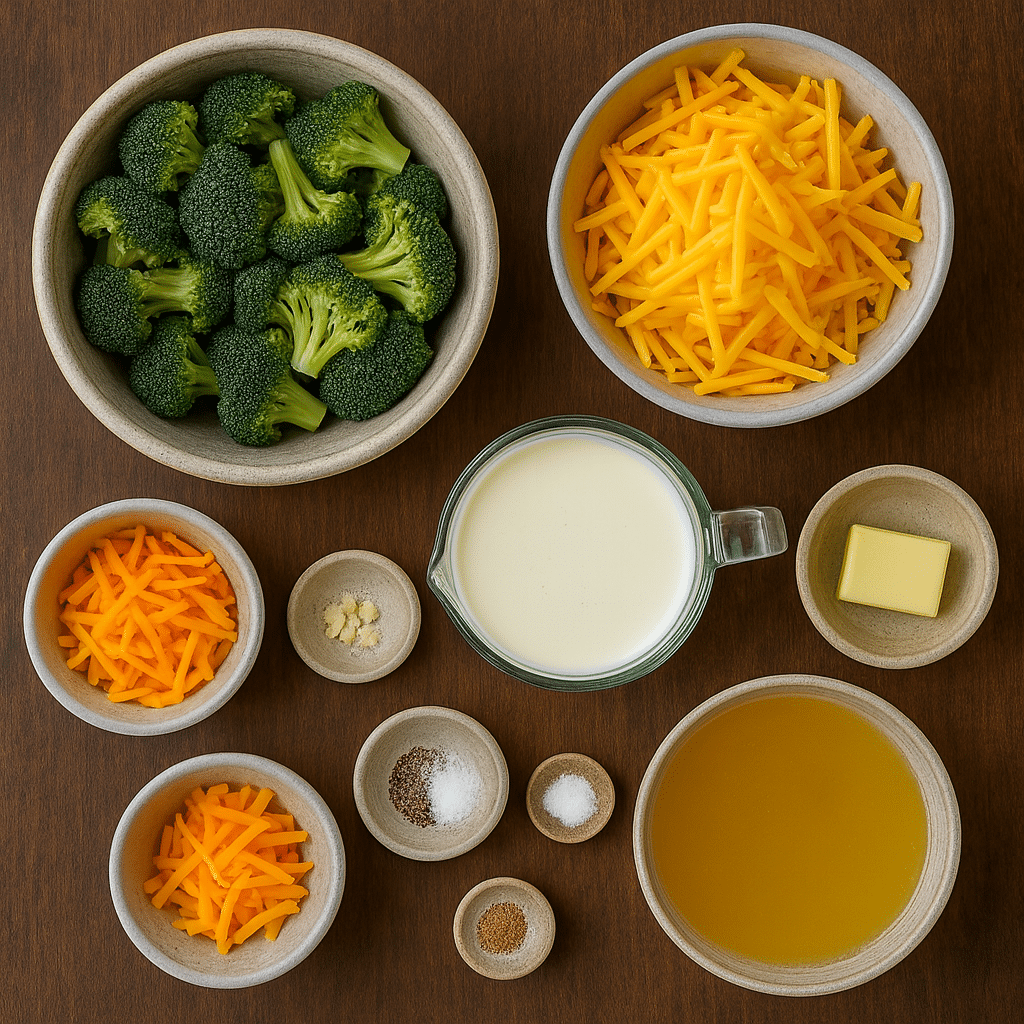 All the ingredients you need to make a rich and creamy broccoli cheddar soup, beautifully arranged for a recipe-ready view. Flat-lay image of broccoli cheddar soup ingredients, including broccoli florets, shredded cheddar cheese, carrots, milk, butter, broth, garlic, and seasonings arranged in small bowls on a wooden surface.
