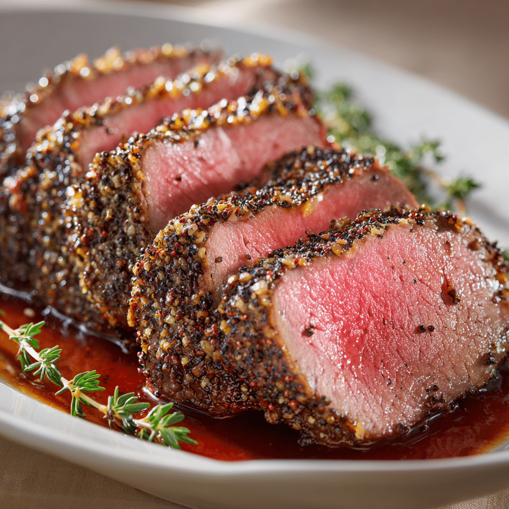 Sliced peppercorn-crusted beef top loin roast with a pink medium-rare center and fresh thyme, served in rich pan juices.