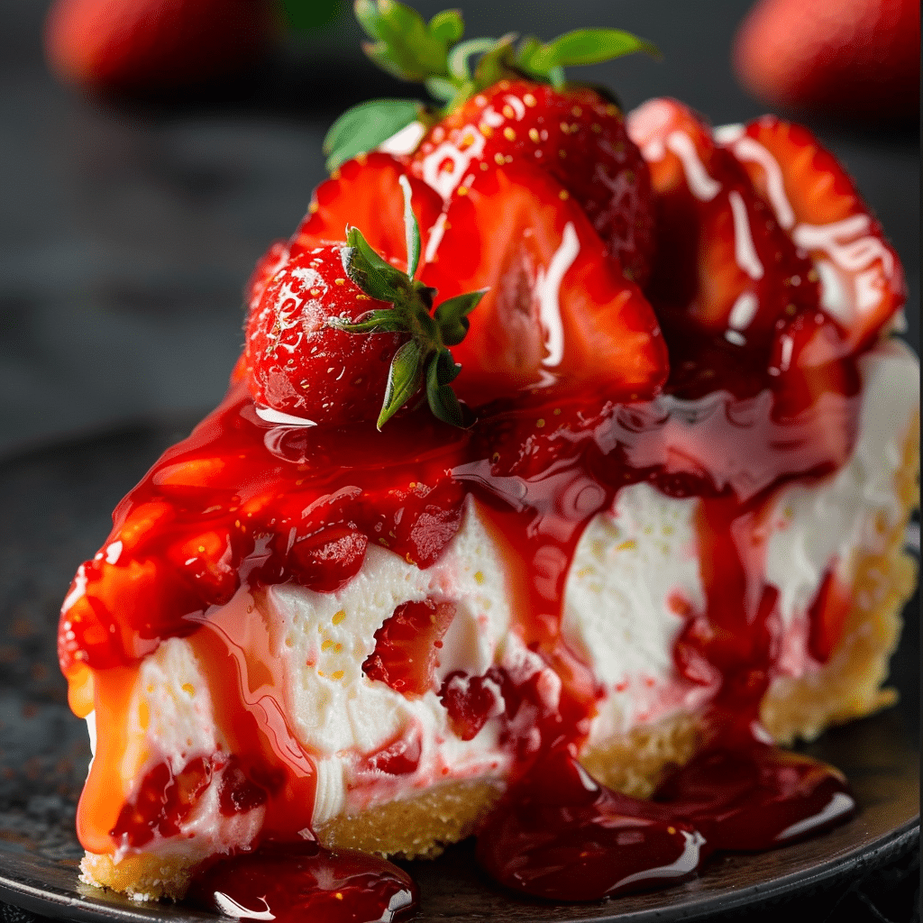 A slice of homemade strawberry shortcake cheesecake topped with fresh strawberries and dripping strawberry glaze on a dark plate.