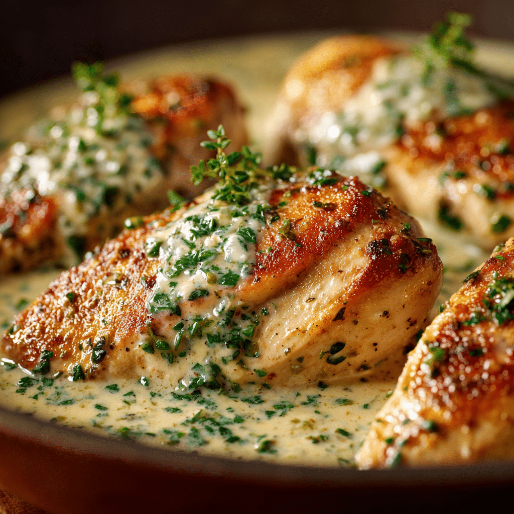 Golden seared chicken breasts topped with a creamy garlic-herb Boursin sauce and fresh thyme.
